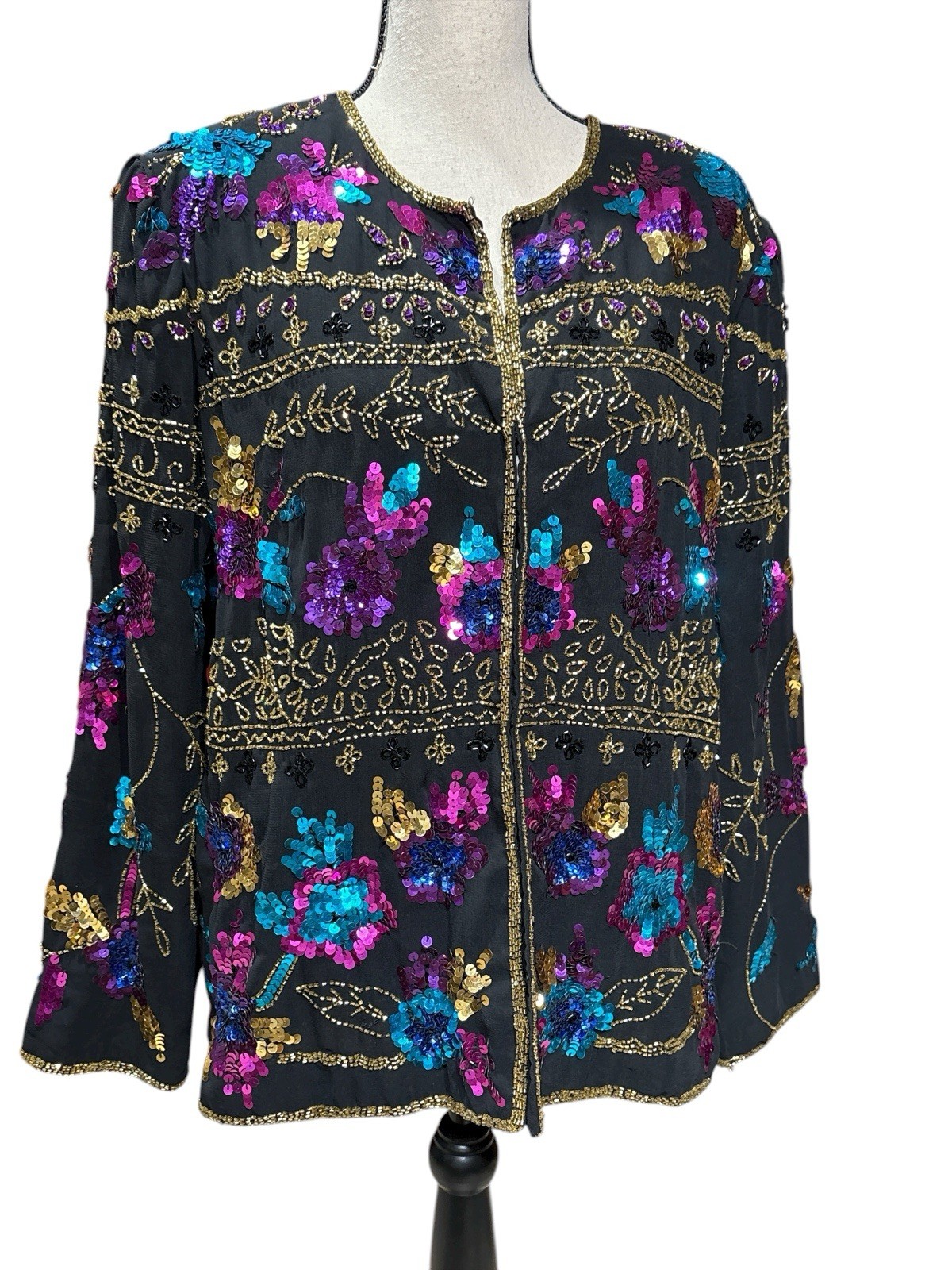 Drapers & Damons Womens Vintage 100% Silk Sequin Beaded Evening Jacket Size XL
