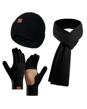 Hat Gloves Scarf Set for Women, Winter Knit Beanie Fleece-lined Touch Black