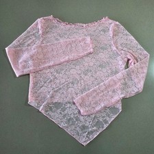 Pink Sheer Floral Lace Long Sleeve Top Pointed Hem Ruffle Neck Small