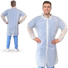 White Polypropylene Lab Coats Hook Loop Closure Elastic Wrists 10 Count Large