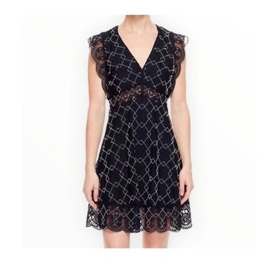Sandro Paris Navy Blue Studded Lace Diamond Mini Dress V-Neck R20385H-4407