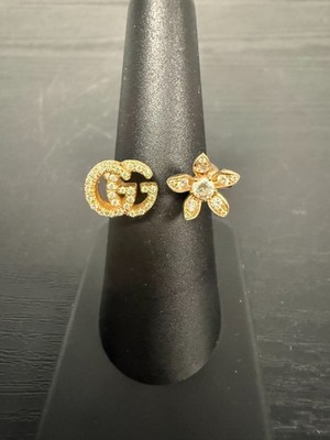 Gucci 18K Gelbgold Double GG Logo & Flora Blüte Diamant offener Ring Größe 6,25