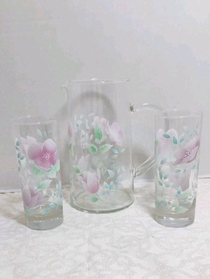 Vintage Luminarc French Purple Floral Jug Water Pitcher & 2 Highball Glasses