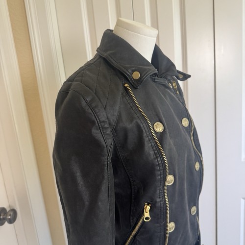 Free People Melrose Moto Jacket XS Black Belted Vegan Leather Gold Zip - Bild 4 von 17