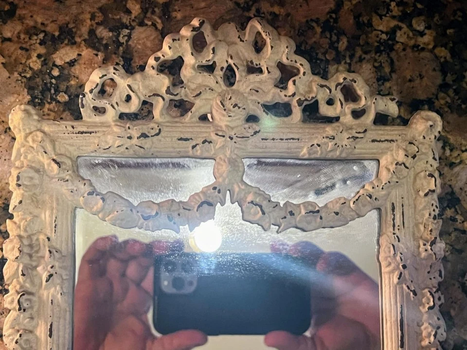 Cast Iron Painted White Metal Vanity Mirror Frame Shabby Romantic Cottage Chic - Image 4 of 4