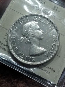 1953 CANADA CANADIAN SILVER DOLLAR MS 62 MINT STATE 62 NO SHOULDER FOLD ICCS