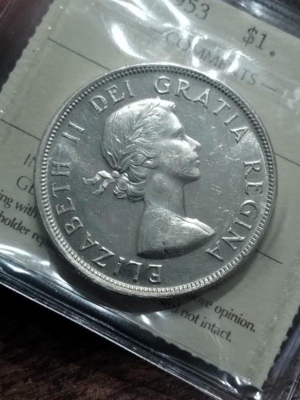 1953 CANADA CANADIAN SILVER DOLLAR MS 62 MINT STATE 62 NO SHOULDER FOLD ICCS