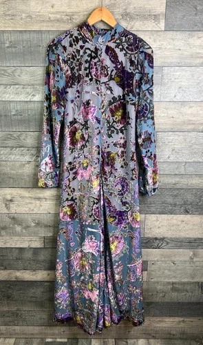 Free People Bali Painterly Maxi Dress Size XL Grey Blue Paisley Velvet Boho Long