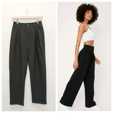 Nasty Gal Tailored High Waisted Turn Up Hem Pants 2 Black Pleated Front Trouser