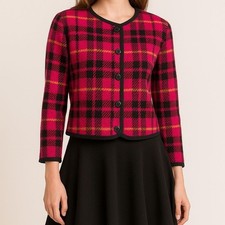 Vintage 90s David Wayne Petite Pink Black Plaid Furry Fleece Cardigan Sweater