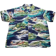 VTG Paradise Found Hawaiian Shirt Men’s XL Fighter Plane AOP Camp 100% Rayon EUC