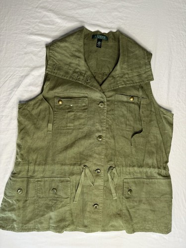 RALPH LAUREN Women's Size L Vest Reef Olive 100% Linen Collared
