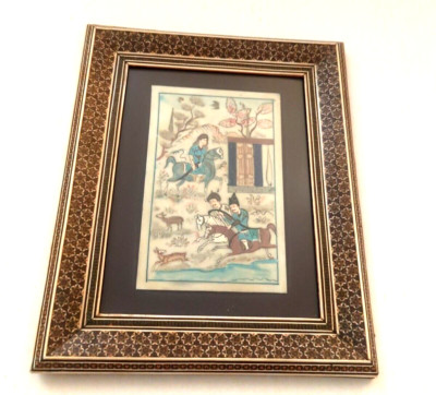 India Mughal Tiger Hunt, Silk Painting w/blue, red, gold framing, H 12.5'', L 10''