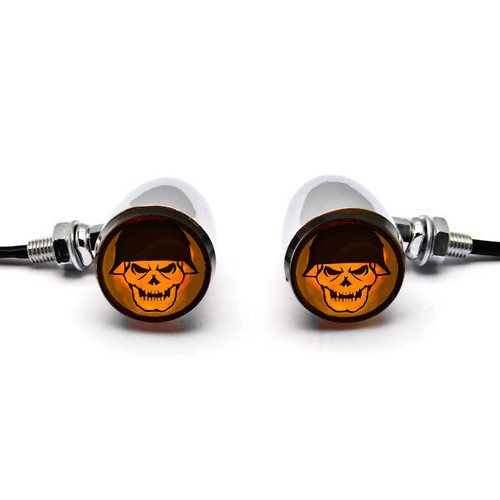 2x Universal Motorcycle Skull Chrome Turn Signal Indicators Blinker Amber Light - Picture 3 of 6