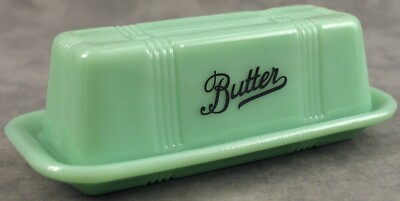 JADEITE GREEN GLASS Crisscross BUTTER DISH Hazel Atlas Style LONG STICK