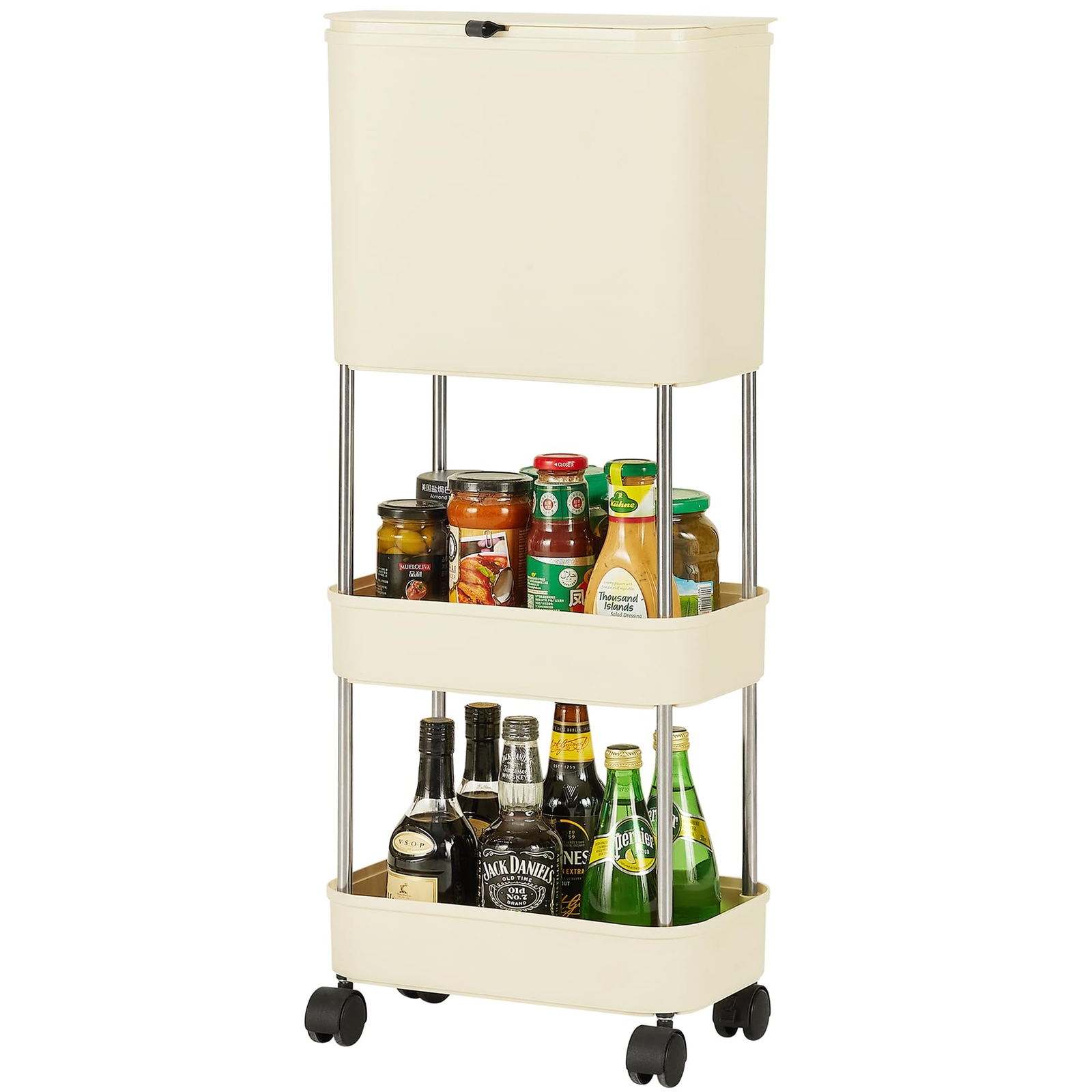 Kitchen Trash Can with Lid, Garbage Bin with Storage Rack, Dog Proof Narrow W...