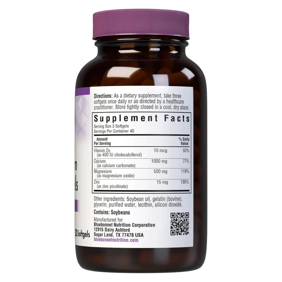 Bluebonnet Calcio Magnesio Zinc y Vitamina D3 120 Cápsulas Blandas Foto 2 de 4