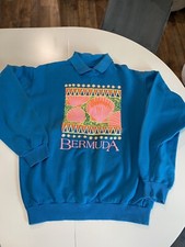 Vntg 90s Bermuda Shells Vacation Teal Pullover Collared Sweatshirt