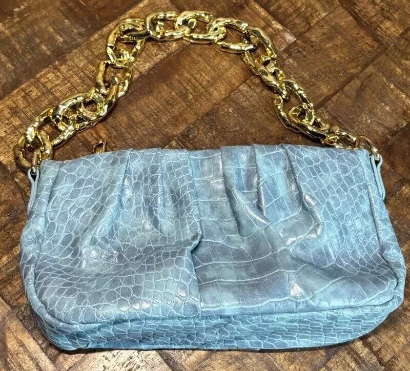 PrettyLittleThing Baby Blue PU Croc Gold Chain Mini Shoulder Bag