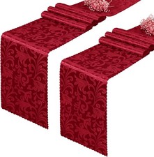 2 Pack Red Satin Table Runner 12 x 108 Inch Long, Bright Smooth Damask Table Run