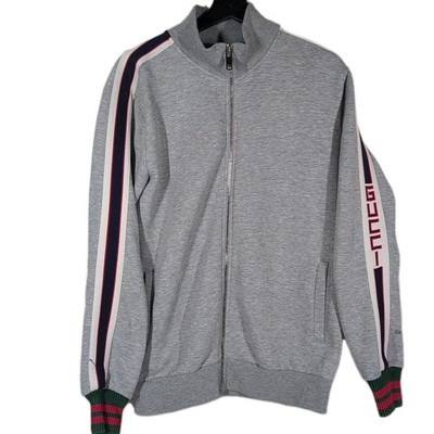Gucci GG Tape Jacquard Jersey Strap Full Zip Technical Track Jacket Gray Size XL