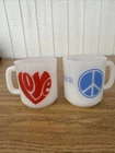 Vintage “LOVE" And “PEACE” Mugs 1960's Milk Glass Fire King D Handled Hippy