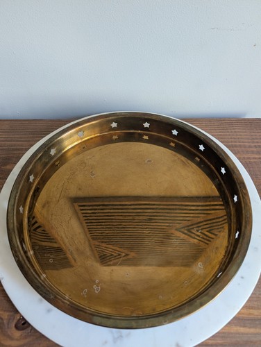 Vintage Brass Gallery Tray Star Cutout Round Serving Tray Hollywood Regency 16"