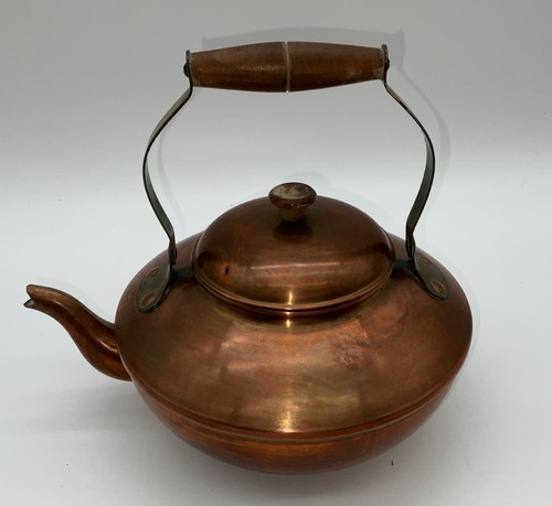Vintage Copper Tea Kettle with Wooden Handle, ODI Made in Portugal Patina