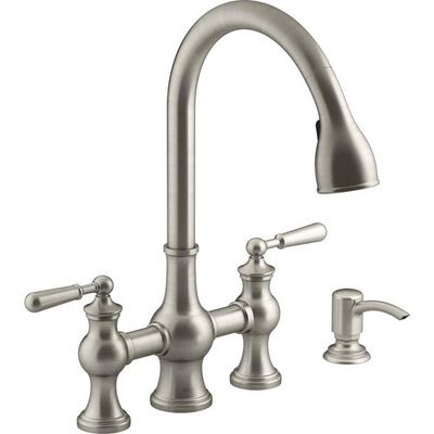 #ad KOHLER CAPILANO 2 HANDLE BRIDGE FAUCET WITH SOAP DISPENSER SILVER $160.97