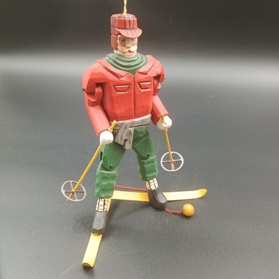 Folk Art Hand Carved Skier Puppet Style Ski Figure Ornament Christmas Winter