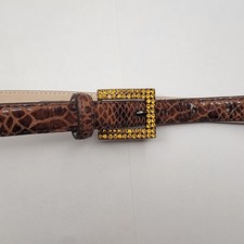 VTG 90s Snakeskin Embossed Thin 1" Belt Yellow Rhinestone Buckle M 32"-34" 