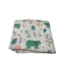Green Bear Pink Flowers Muslin Swaddle Baby Blanket