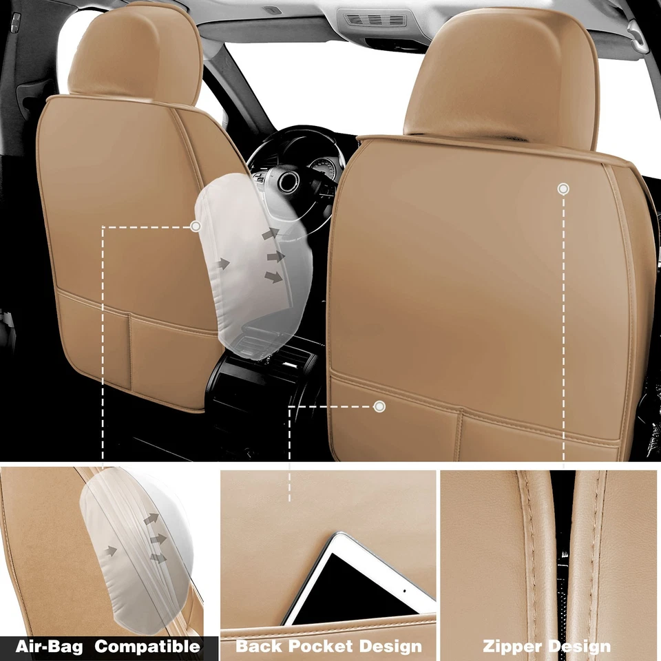Juego Completo Fundas Asiento Coche 5 Plazas Cuero PU Delantero + Cojín Trasero Universal Beige Foto 4 de 4