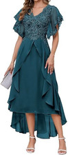Women's Floral Lace Appliques Ruffle Sleeve Tea Length V Neck Party Dress Sz 4