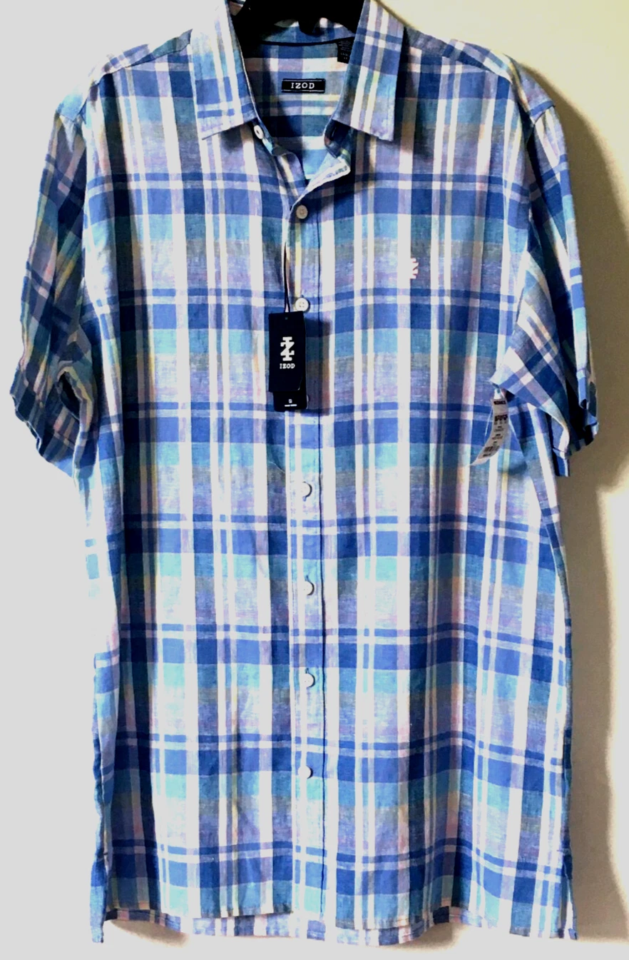 Izod Linen Blend Shirt Mens Large Big Tall Madras Plaid SS Button Up Untuck Gift