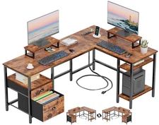 59” L Shaped Desk with Power Outlet, Reversible Computer Desk with File Drawe...