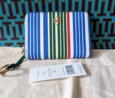 TORY BURCH Emerson Sunrise Stripe XL Credit Card/Key Ring Zip Around Wallet NWT