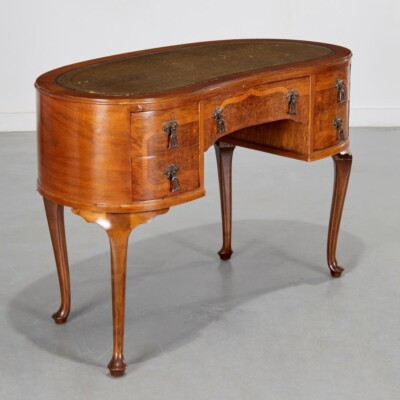 Antique Walnut And Satinwood Leather Top Kidney-Shaped Writing Desk