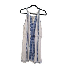Dex Womens Embroidered Mini Sundress Size L White Blue Boho Tassel Summer
