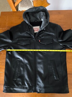 Levi's Men's Hooded Black Leather Jacket Sherpa Lined Sz M Faux