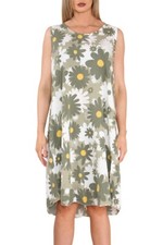 NEW ITALIAN LADIES KHAKI DAISY PRINT SLEEVELESS DRESS ONE SIZE PLUS 16-22