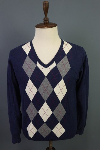 Gant Blue V-Neck Argyle Diamond 100% Cotton Sweater Size M