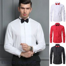 Mens French Cuff Tuxedo Shirt Pleated Evening Black Tie Wing Tip Collar Shirt