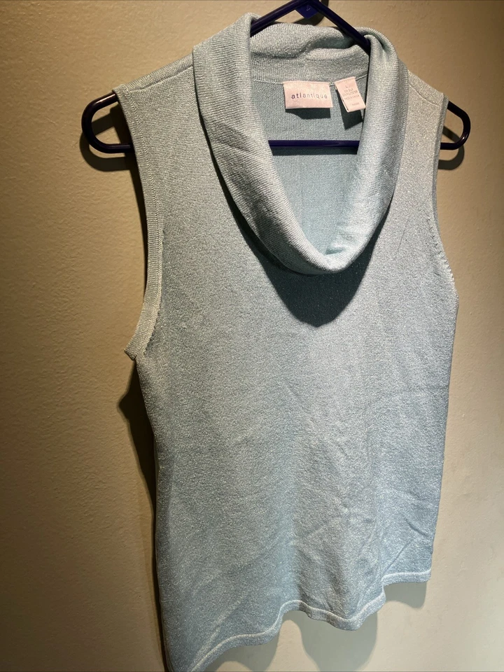 ATLANTIQUESILK Seda L Polvo Brillante Azul Sin Mangas Tejido Capucha Cuello Elegante Foto 2 de 4