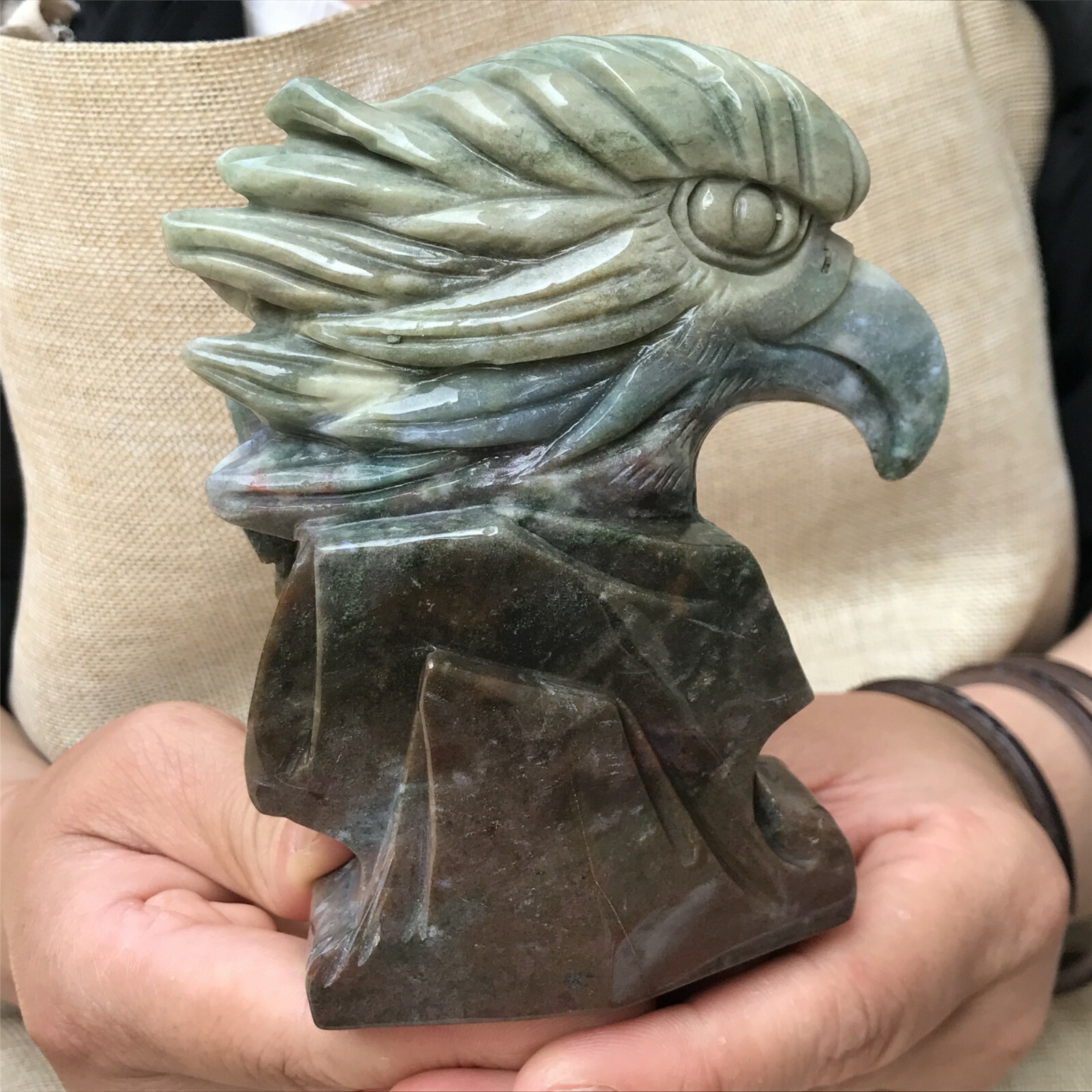 0.76kg Natural ocean jasper Quartz hand Carved eagle skull crystal Reiki xk394