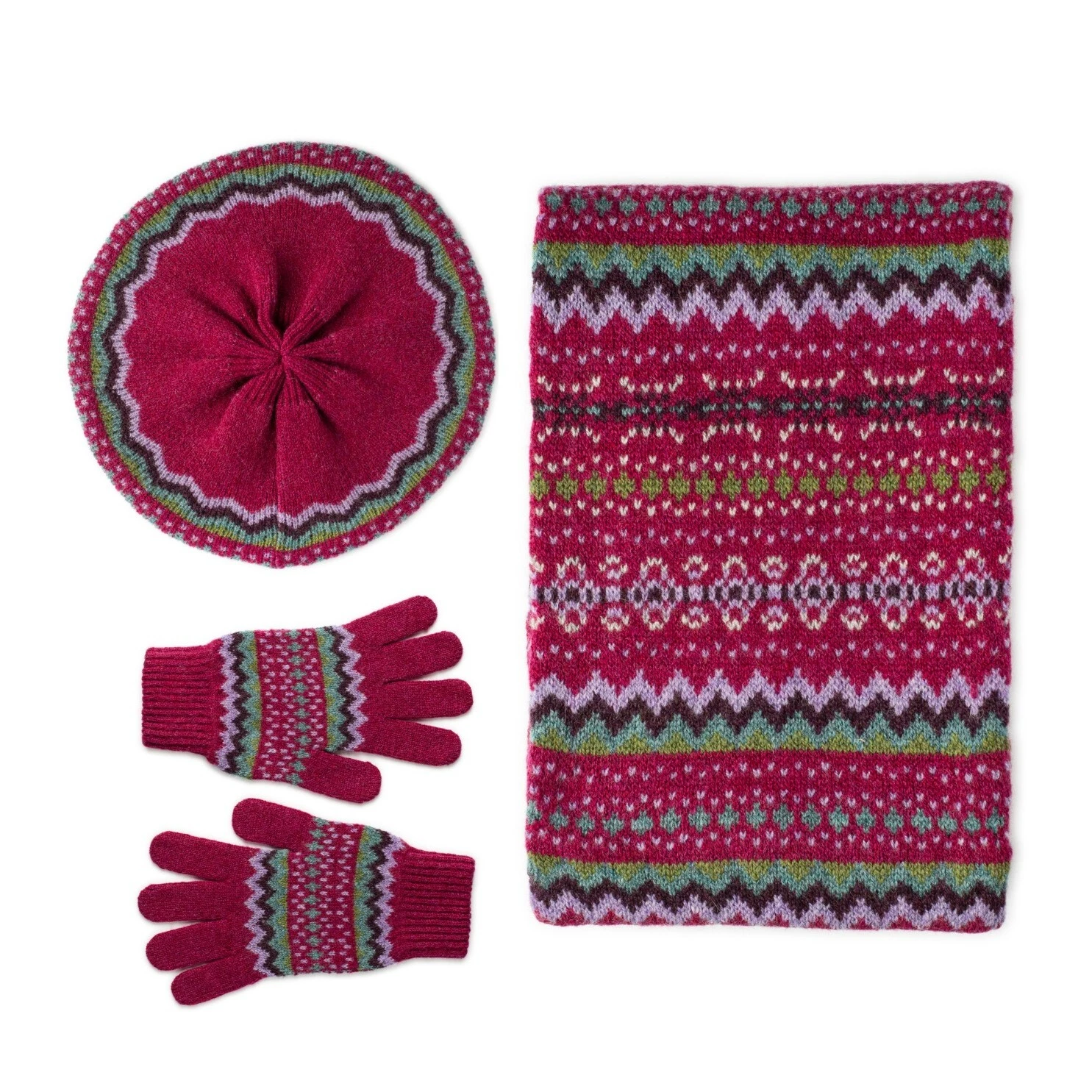 Beret Hat Scarf and Gloves Fairisle Set - Lomond Lambswool - Hope
