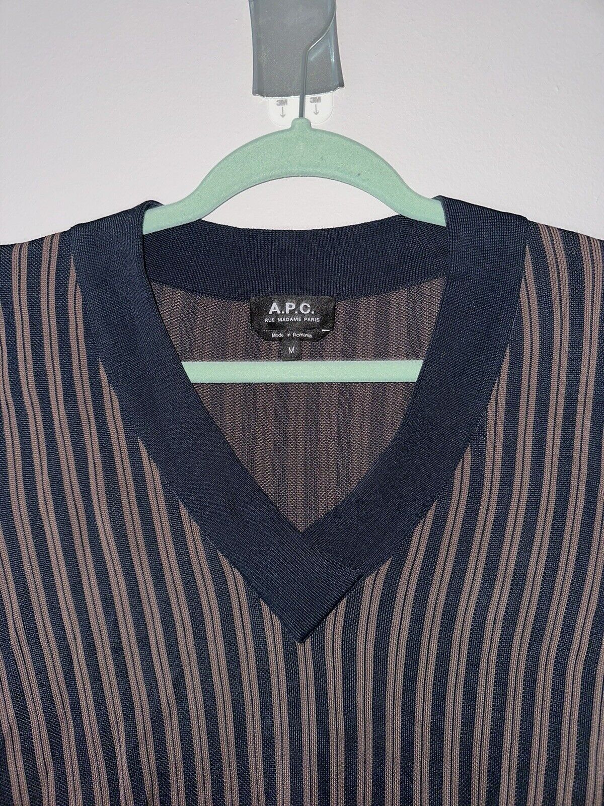 A.P.C. Men’s Knit Short Sleeve Shirt Navy Brown S… - image 3