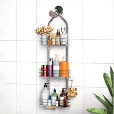 Shower Caddy Hanging Silver , Adjustable Anti-Swing-Over The Shower Head Caddy,