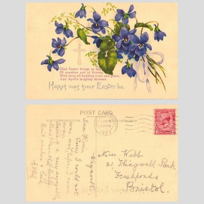 Vintage Postcard - Easter Violets and Cross Illustration Poem 1933 POSTED