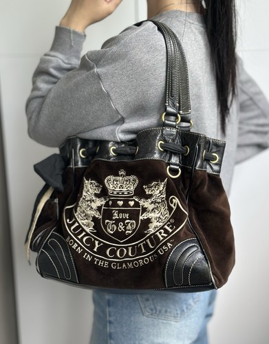 Vintage Y2K Juicy Couture Daydreamer Velvet Velour Brown Crest Crown Logo Bag